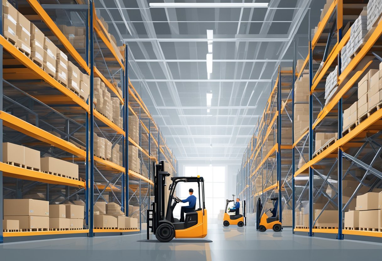 A warehouse with rows of shelves holding various sizes of slewing bearings, with workers using forklifts to transport and distribute the products