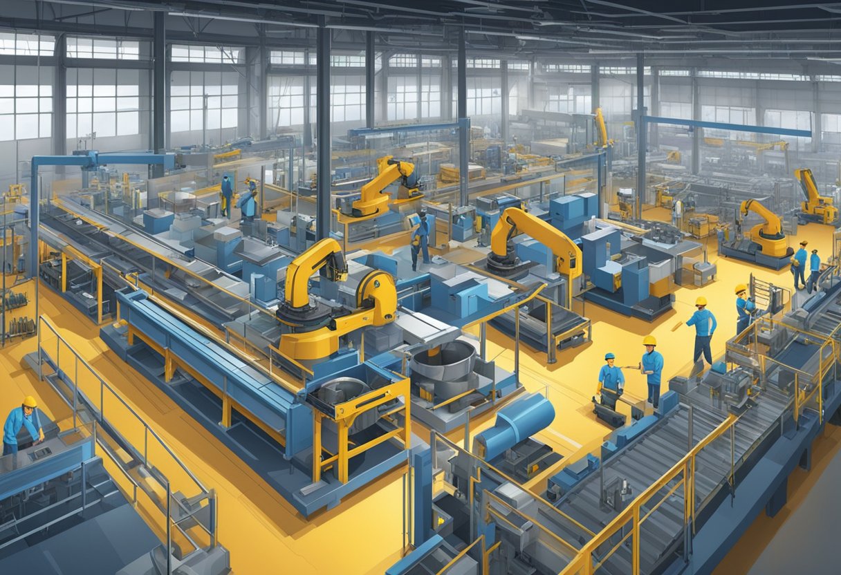 The factory floor is filled with large machinery and conveyor belts, with workers busy assembling and testing slewing bearings