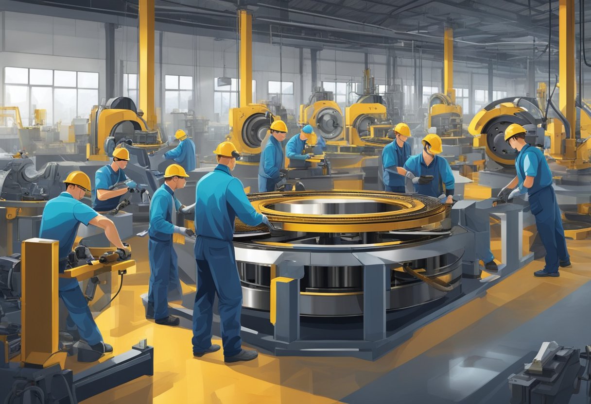 Machines assemble and weld metal rings, while others coat and inspect large slewing bearings in a busy factory