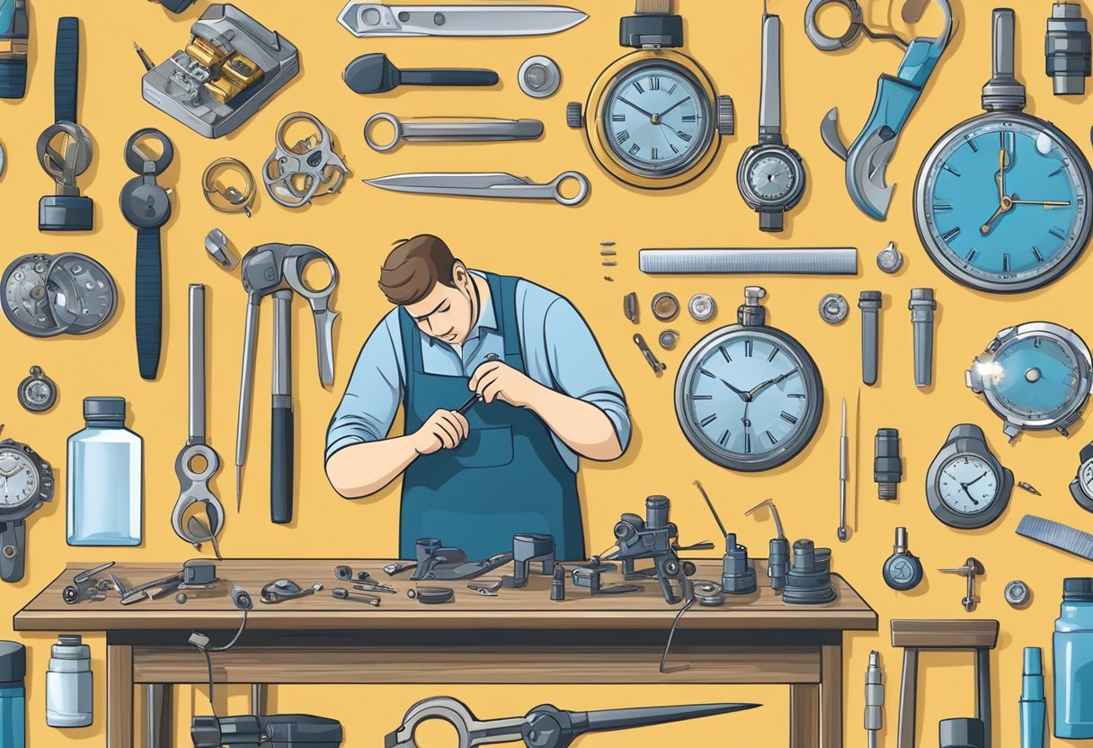 A watchmaker carefully disassembles a timepiece, inspecting each component for wear and tear. Tools and cleaning supplies are neatly arranged on the workbench