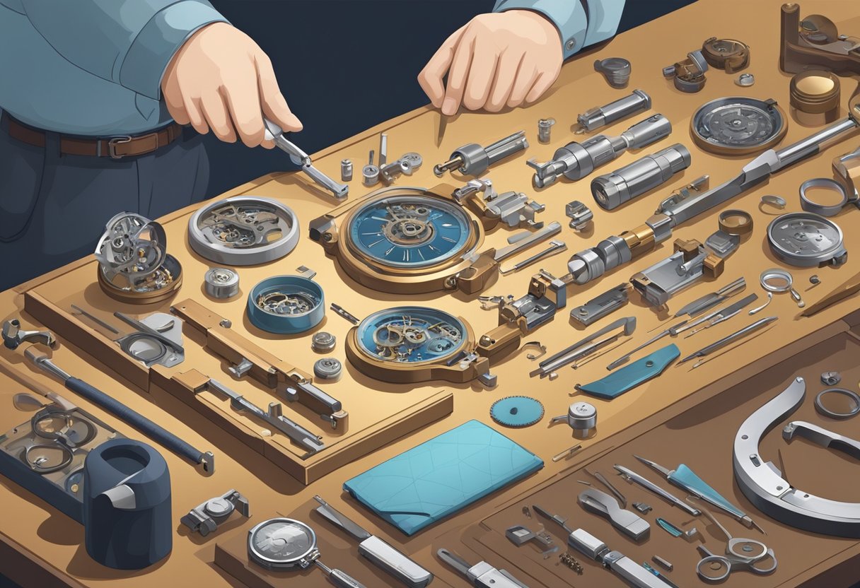 A watchmaker carefully disassembles a timepiece, inspecting each component for wear and tear. Tools and magnifying glasses are neatly arranged on the workbench