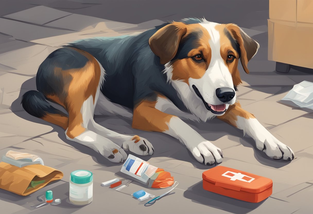 A dog lies on its side, panting heavily. A concerned owner kneels beside it, applying pressure to a bleeding wound on its leg. A first aid kit sits open on the ground, with bandages and antiseptic visible