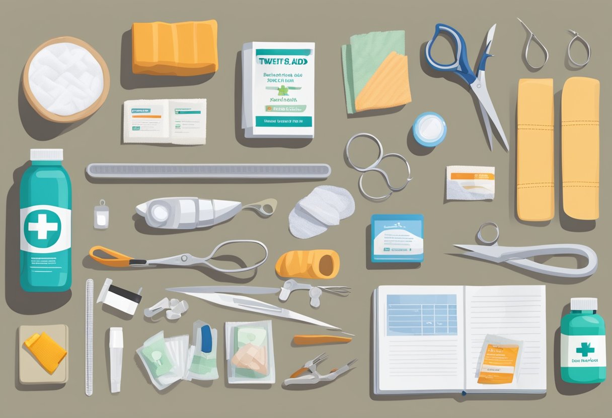 A table with pet first aid items laid out: bandages, antiseptic, scissors, gauze, tweezers, and a pet first aid guide book