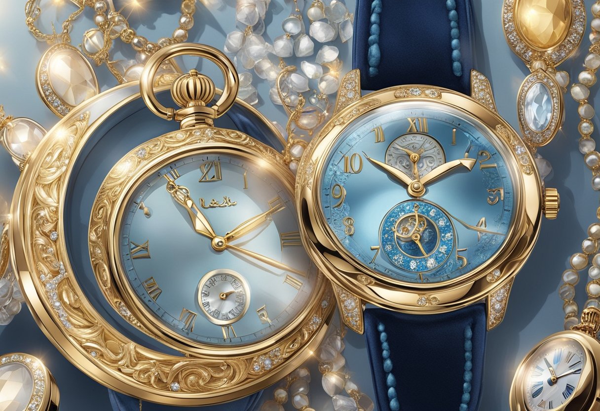 A watch sits on a luxurious velvet pillow, surrounded by sparkling jewelry and elegant accessories. The soft glow of the spotlight highlights its intricate design, emphasizing its importance as a fashion statement