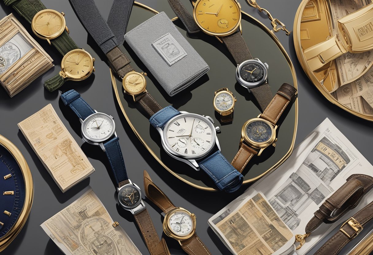 A collection of watches displayed on a velvet-lined tray, surrounded by vintage fashion magazines and elegant accessories. The watches vary in style, from classic to modern, symbolizing their enduring importance in the world of fashion