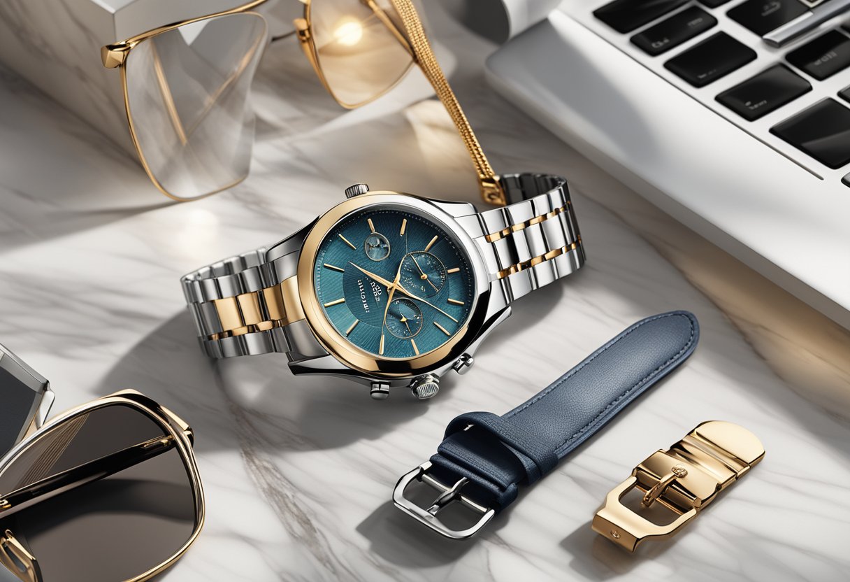 A sleek, modern watch sits on a marble countertop, catching the light with its polished metal and shining crystal face. A stack of fashion magazines and a pair of designer sunglasses are arranged nearby, emphasizing the watch's role as a stylish accessory