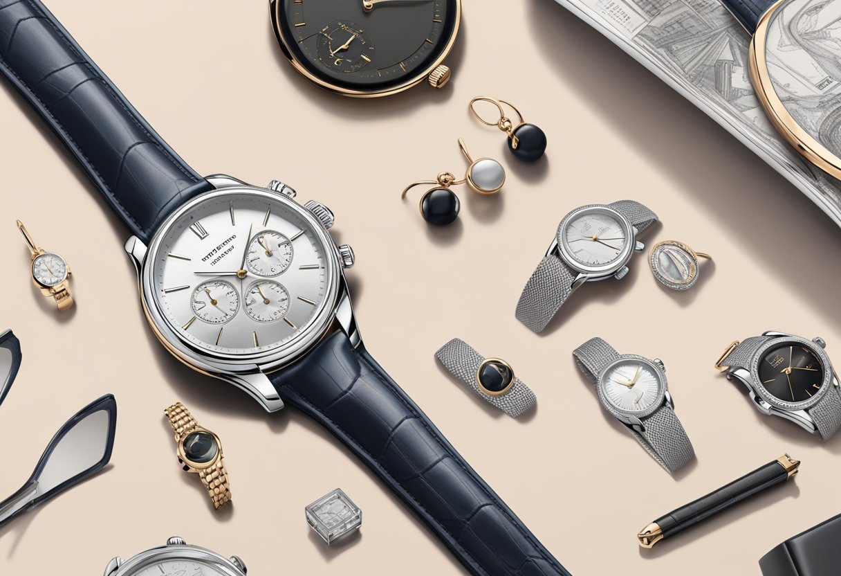 A sleek, modern watch rests on a marble countertop, surrounded by luxury accessories and fashion magazines. The watch's intricate details and polished finish exude sophistication and style