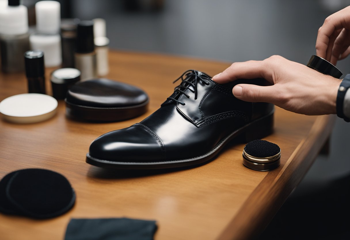 A black shoe sits on a wooden surface with a cloth and shoe polish nearby. A hand holds the cloth and applies polish to the shoe in circular motions