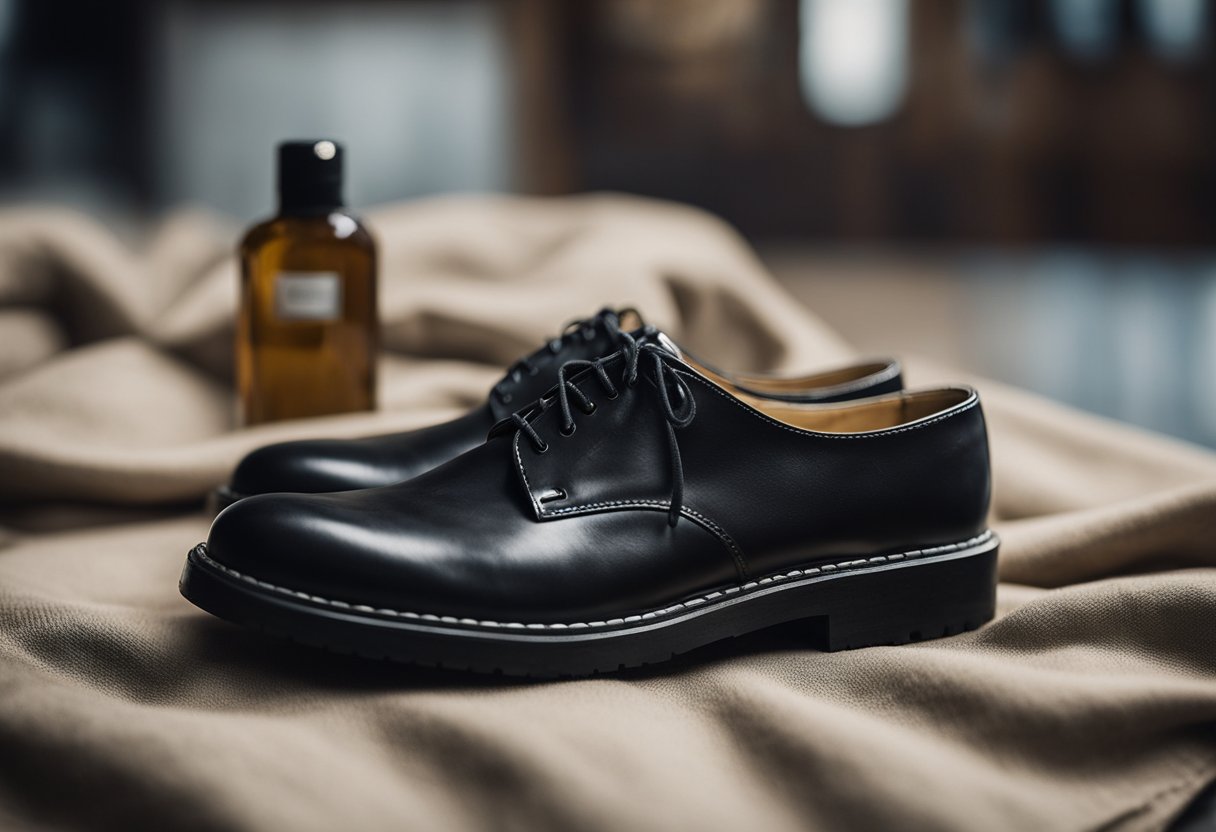 A black shoe sits on a cloth, surrounded by a tin of polish, a brush, and a soft cloth. The shoe's surface is dull, with scuff marks and dirt