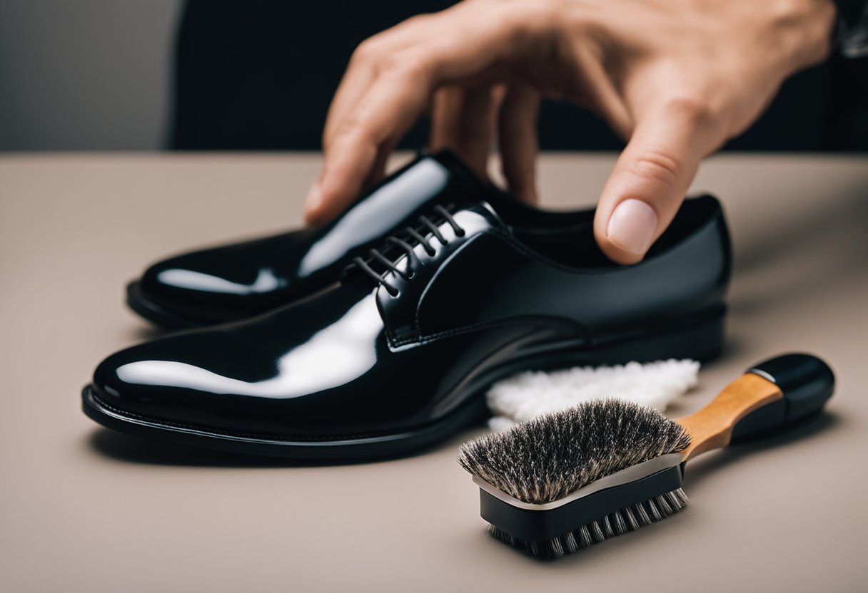 A hand holding a black shoe with a polish brush, a cloth, and a bottle of shoe polish on a clean, well-lit surface
