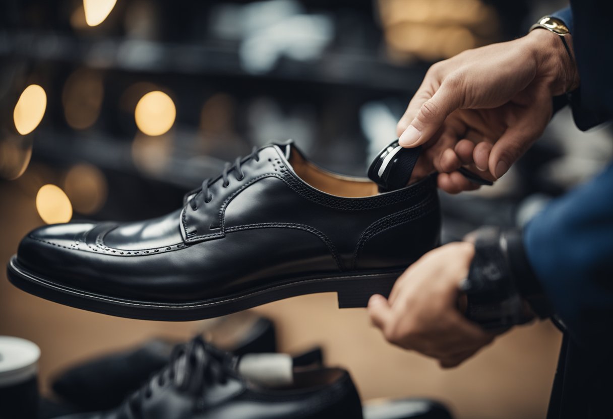 A hand holding a cloth buffs black shoes, applying polish
