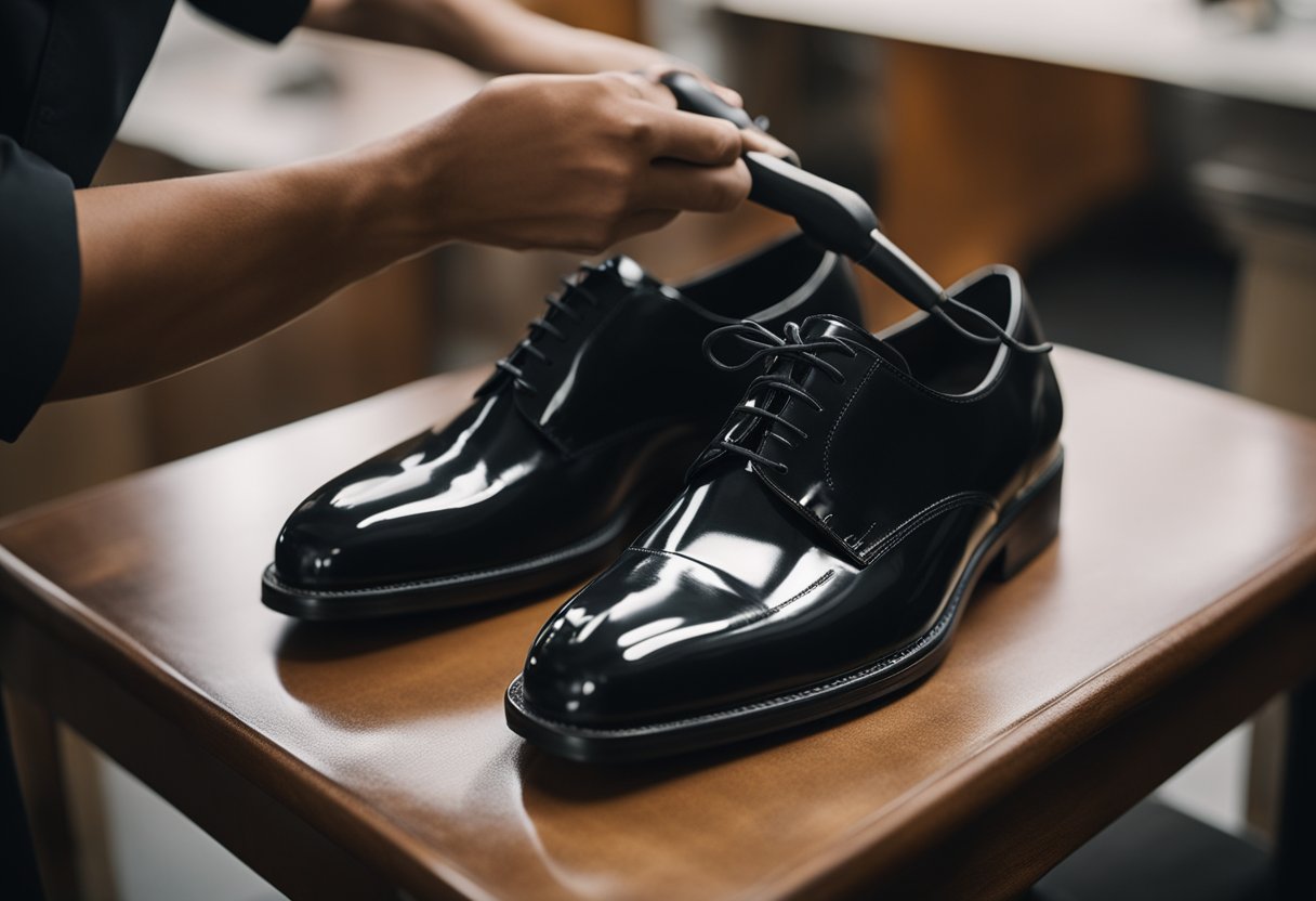 A black shoe being polished with a cloth, buffing and shining to a glossy finish