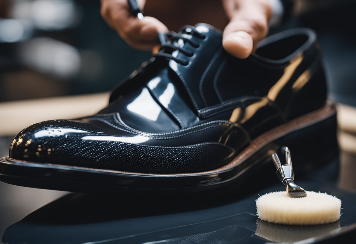 A black shoe being polished with a cloth, showing the process of adding finishing touches to achieve a polished shine