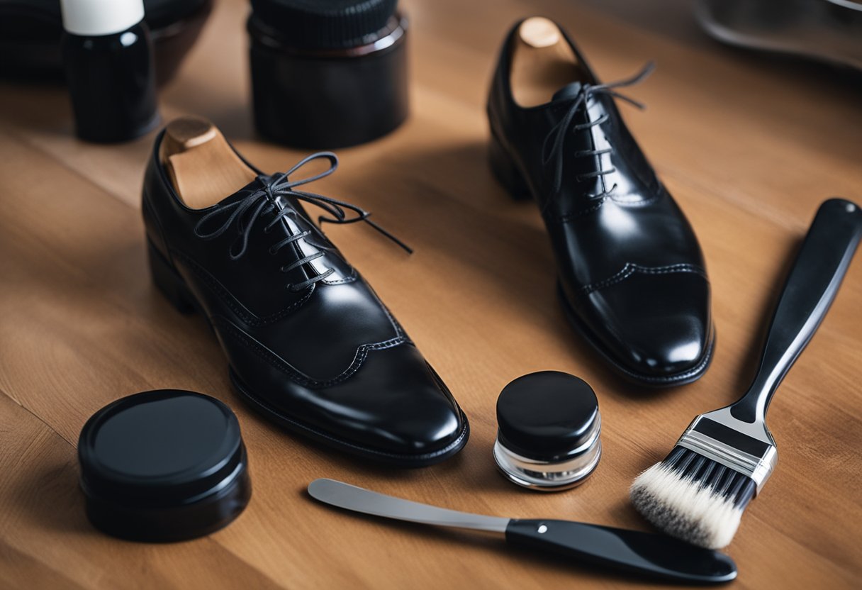 A pair of black shoes being polished with a brush and cloth, with a shoe polish container and a shoehorn nearby on a wooden surface