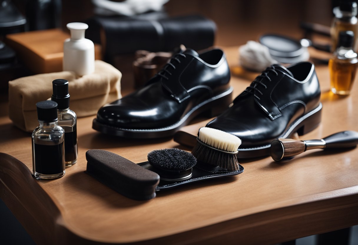 A pair of black shoes being polished with a cloth and shoe polish, with a shoe brush and a shoe shining kit nearby