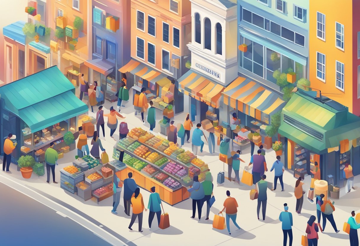 A bustling marketplace with various vendors accepting payments. Customers using credit cards, mobile wallets, and cash. A central payment hub connecting all transactions