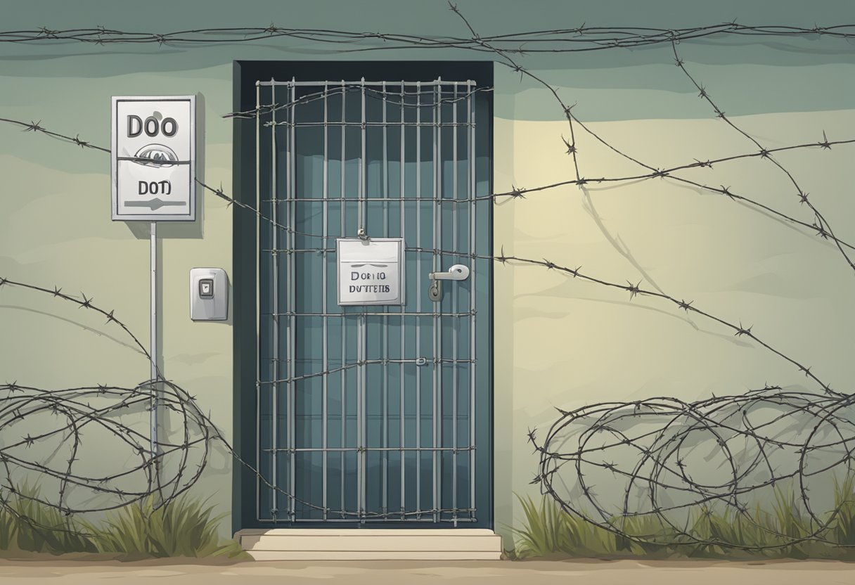 A closed door with a "Do Not Disturb" sign, a person with crossed arms, and a wall covered in barbed wire