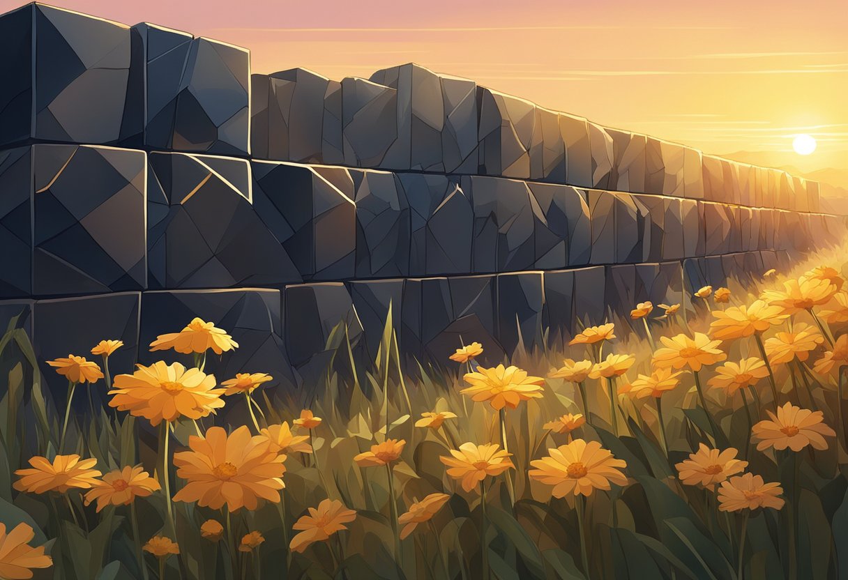 A wall of jagged, dark crystals blocks a beam of warm, golden light, casting a shadow over a field of wilting flowers