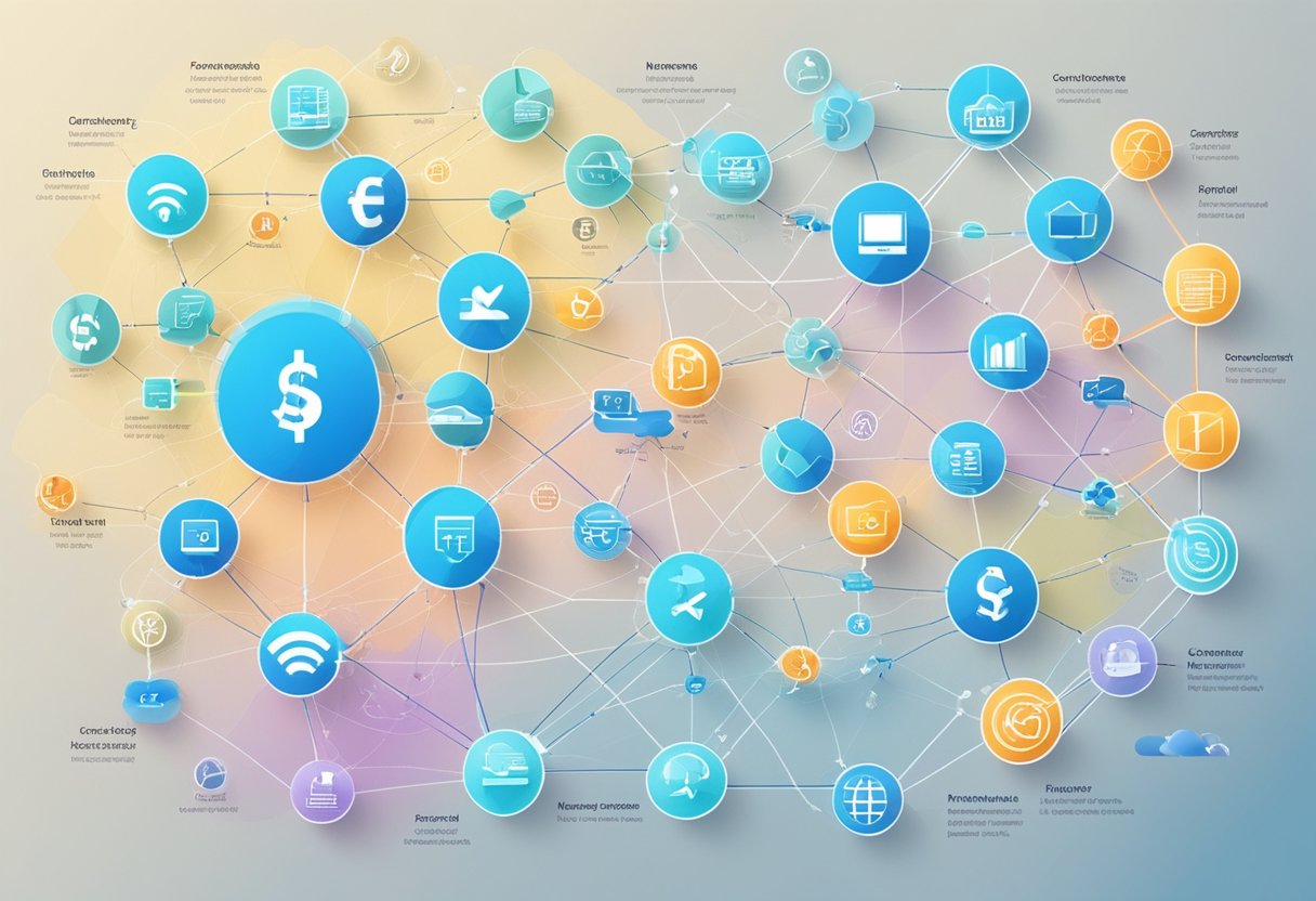 A complex network of financial transactions and data flows, with various payment methods and currencies converging into a unified system