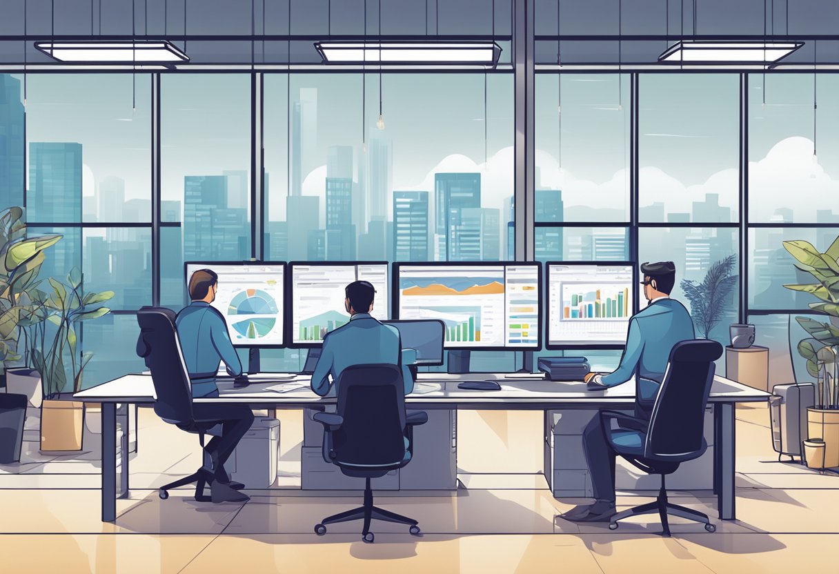 A modern office setting with multiple computer screens displaying payment processing data and charts. A team of professionals collaborating and problem-solving in a dynamic and efficient environment
