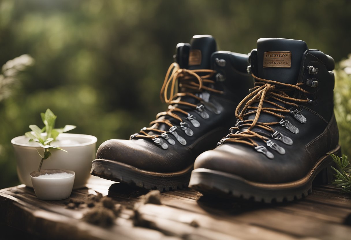 A pair of hiking boots sits on a wooden bench, surrounded by a brush, mild soap, and a small bowl of water. The boots are caked with mud and dirt, waiting to be cleaned