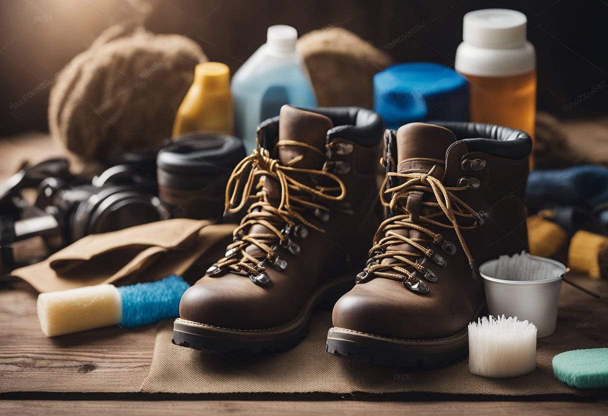 A variety of hiking boot materials laid out with cleaning supplies nearby