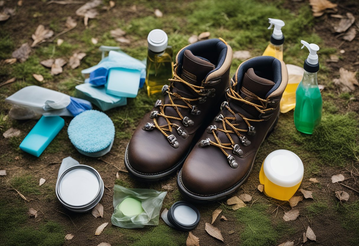 Hiking boots laid out with cleaning supplies nearby