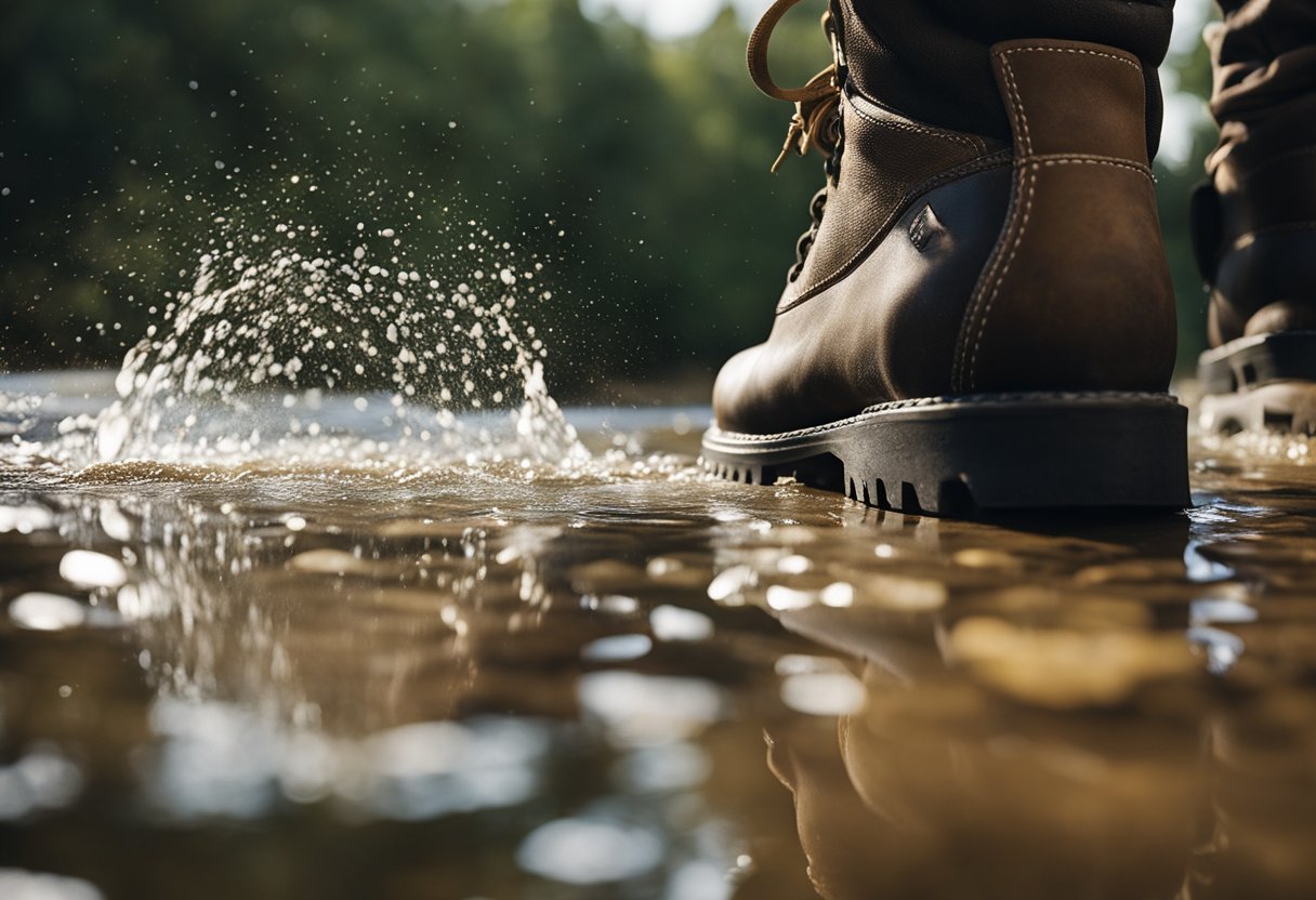 A brush vigorously scrubs dirt off a pair of rugged hiking boots, while a gentle stream of water rinses away the grime