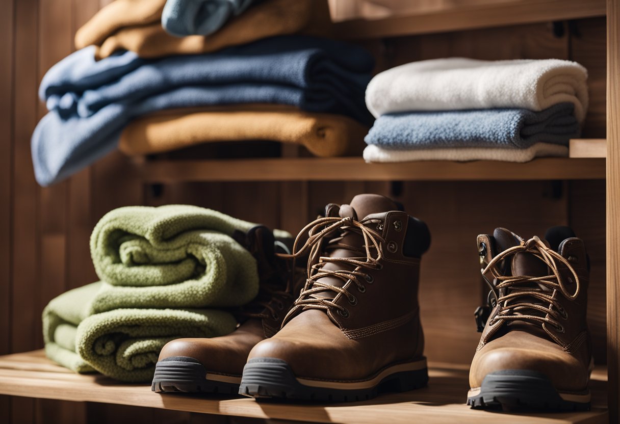 Hiking boots placed on a rack, with a dehumidifier nearby removing moisture. Towels and brushes for cleaning are scattered around the area