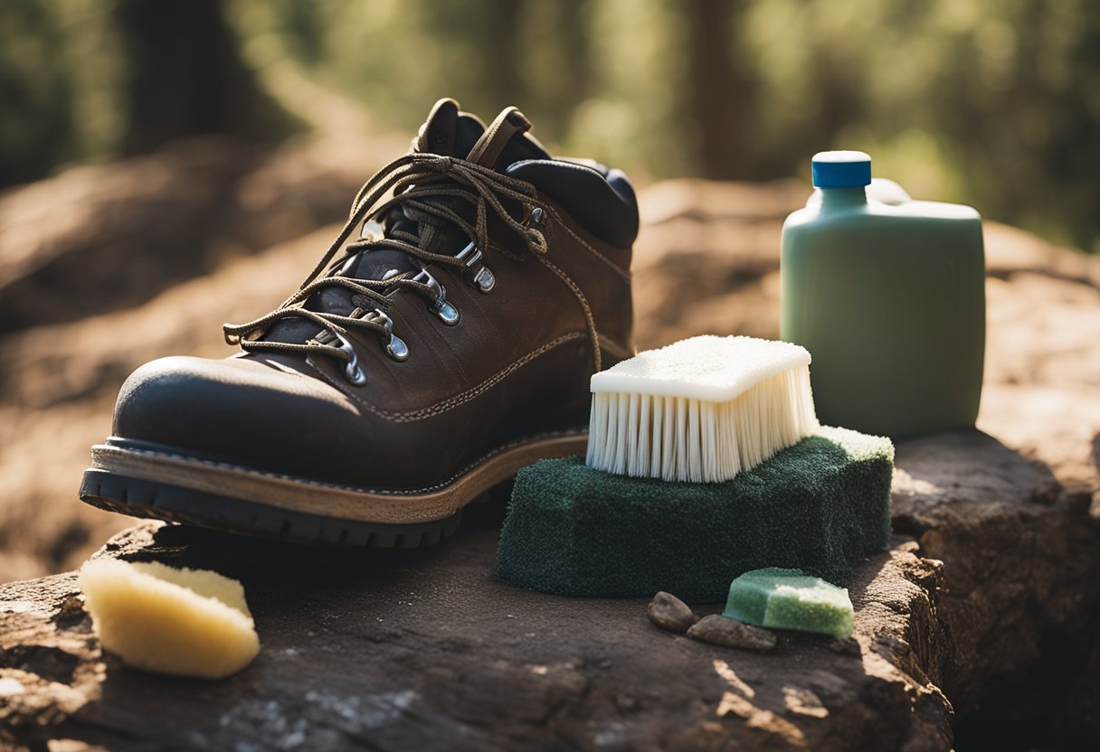 A pair of hiking boots being scrubbed with a brush and soap, then left to air dry in a sunny outdoor setting