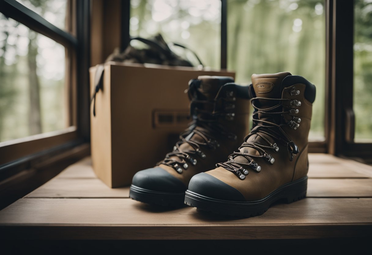 Hiking boots placed in a storage container. Cleaning supplies nearby. Outdoor scenery visible through a nearby window