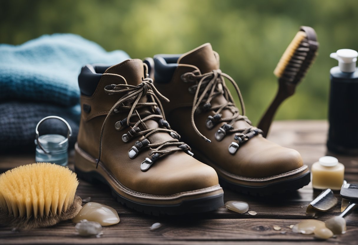 Hiking boots laid out on a clean surface, with a brush, mild soap, and water nearby. A hand reaches for the boots, ready to clean and inspect them