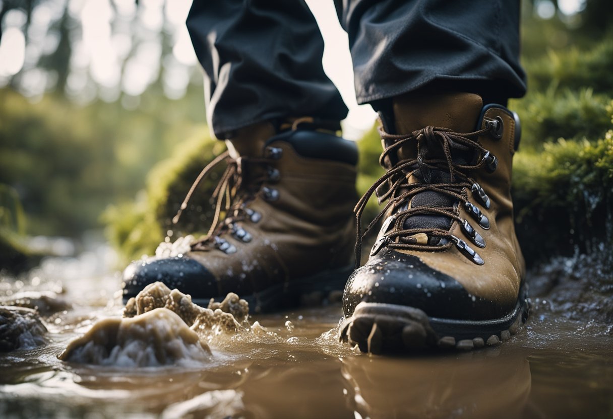 A pair of muddy hiking boots being scrubbed with a brush under running water, with soap and dirt visible in the process