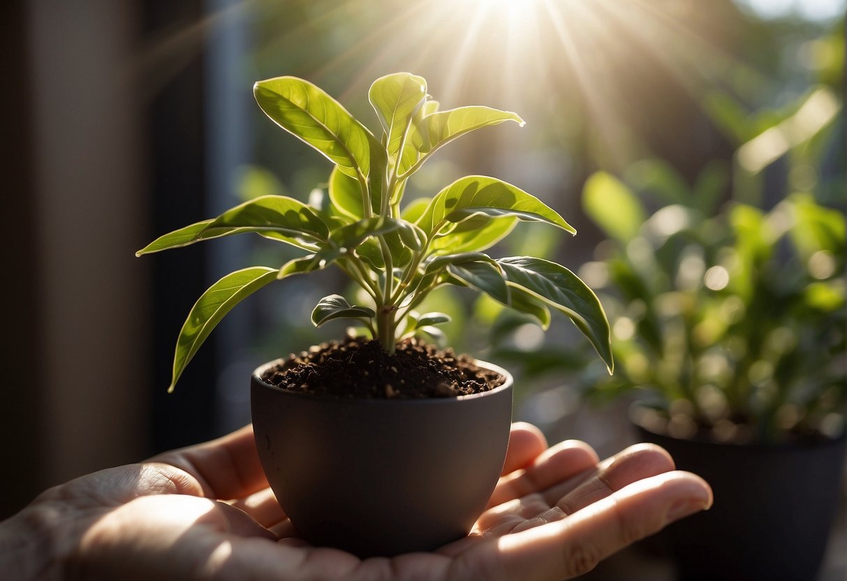 A hand holding a small Manjula plant, gently placing it into a pot filled with soil. Sunlight streams in through a nearby window, illuminating the scene