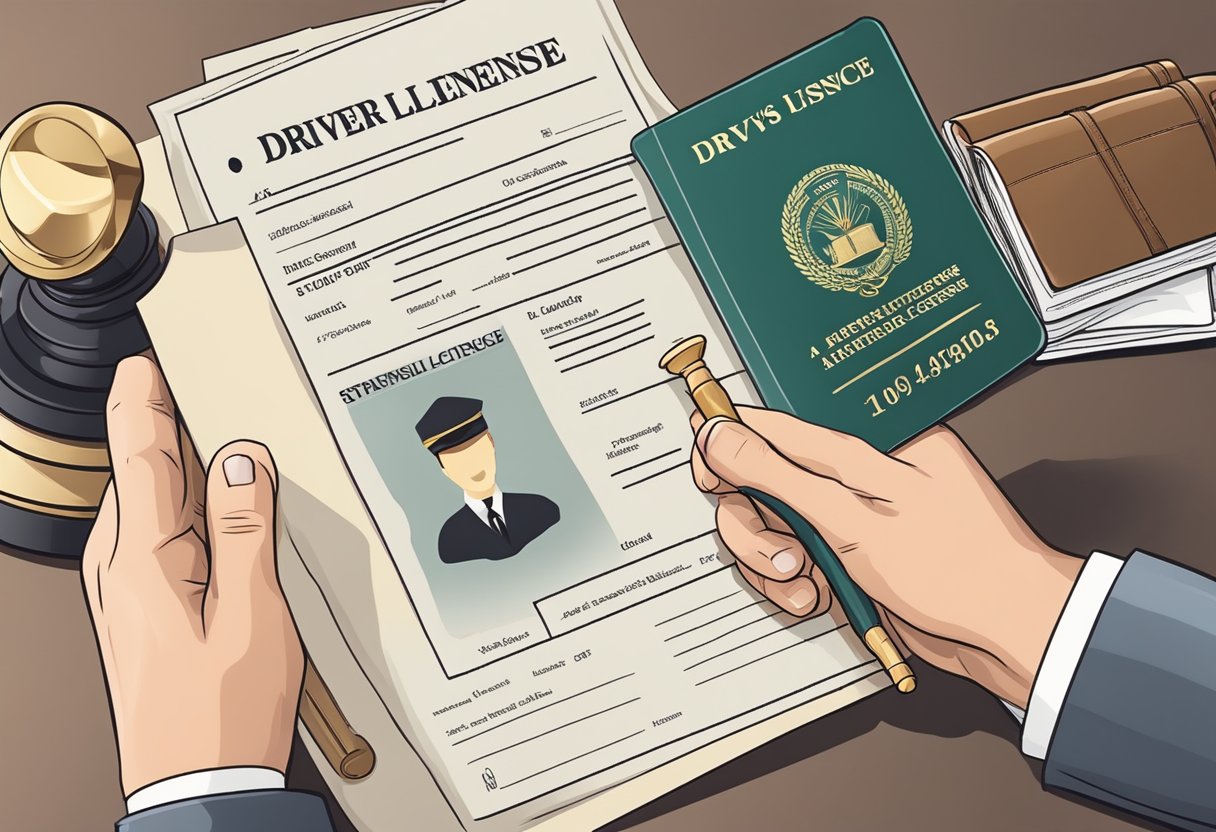 A hand holding a driver's license and a document, with a judge's gavel in the background