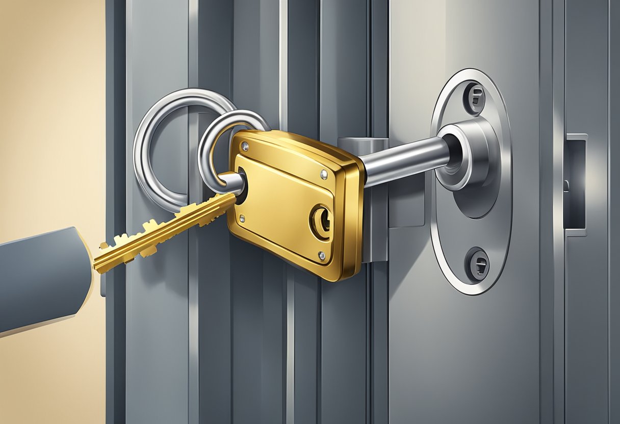 A key unlocking a padlock on a bank vault