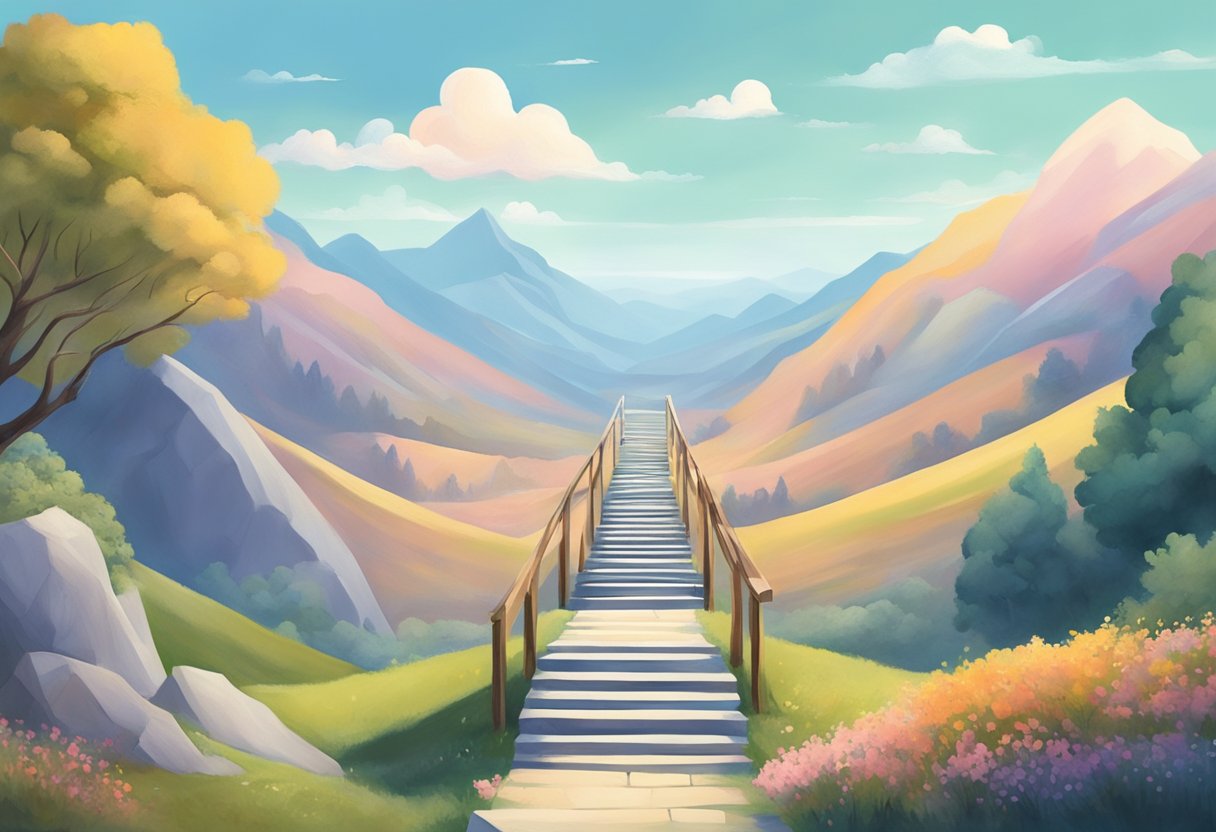 A serene landscape with 10 steps leading up a mountain, each step representing a different aspect of mental health detoxification. The sky is clear and the air is fresh, symbolizing a sense of clarity and renewal