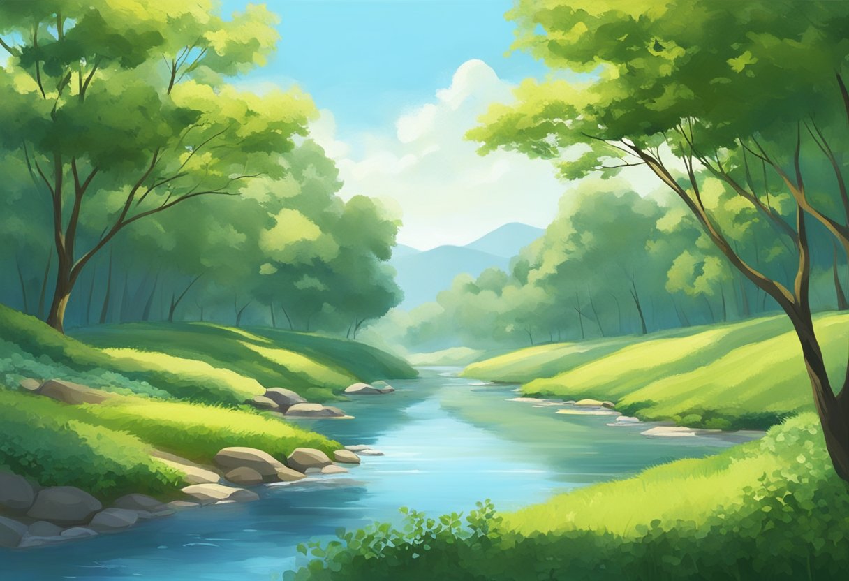 A serene natural landscape with a clear blue sky, lush greenery, and a flowing river. A person is absent, but their presence is implied through a peaceful and rejuvenating atmosphere