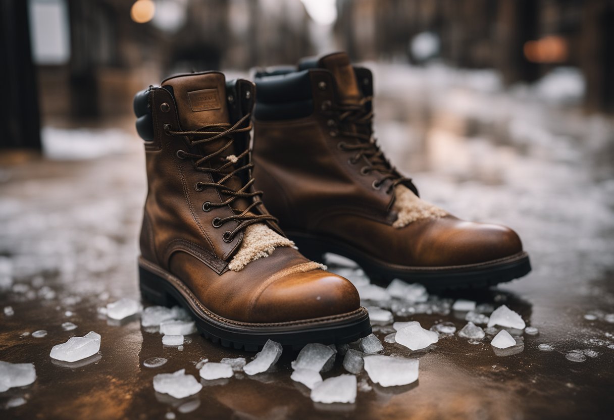 A pair of dirty boots with salt stains on the leather surface, a brush and a cleaning solution nearby