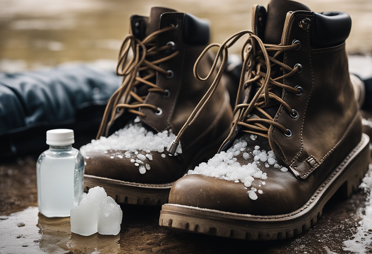 A pair of muddy boots with white salt stains, a brush, and a bottle of vinegar and water solution on a clean surface
