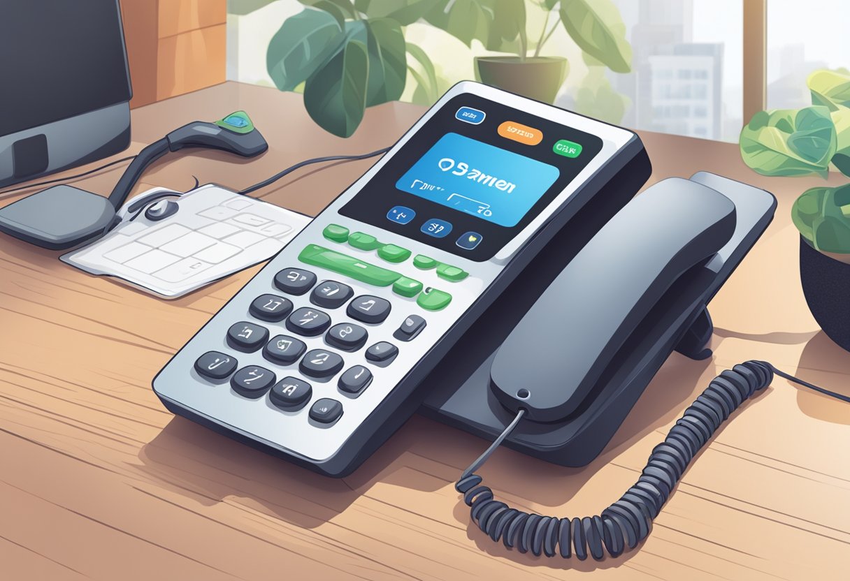 A phone receiver is held up to a keypad, with payment options displayed on a screen. A voice prompt guides the user through the IVR payment process