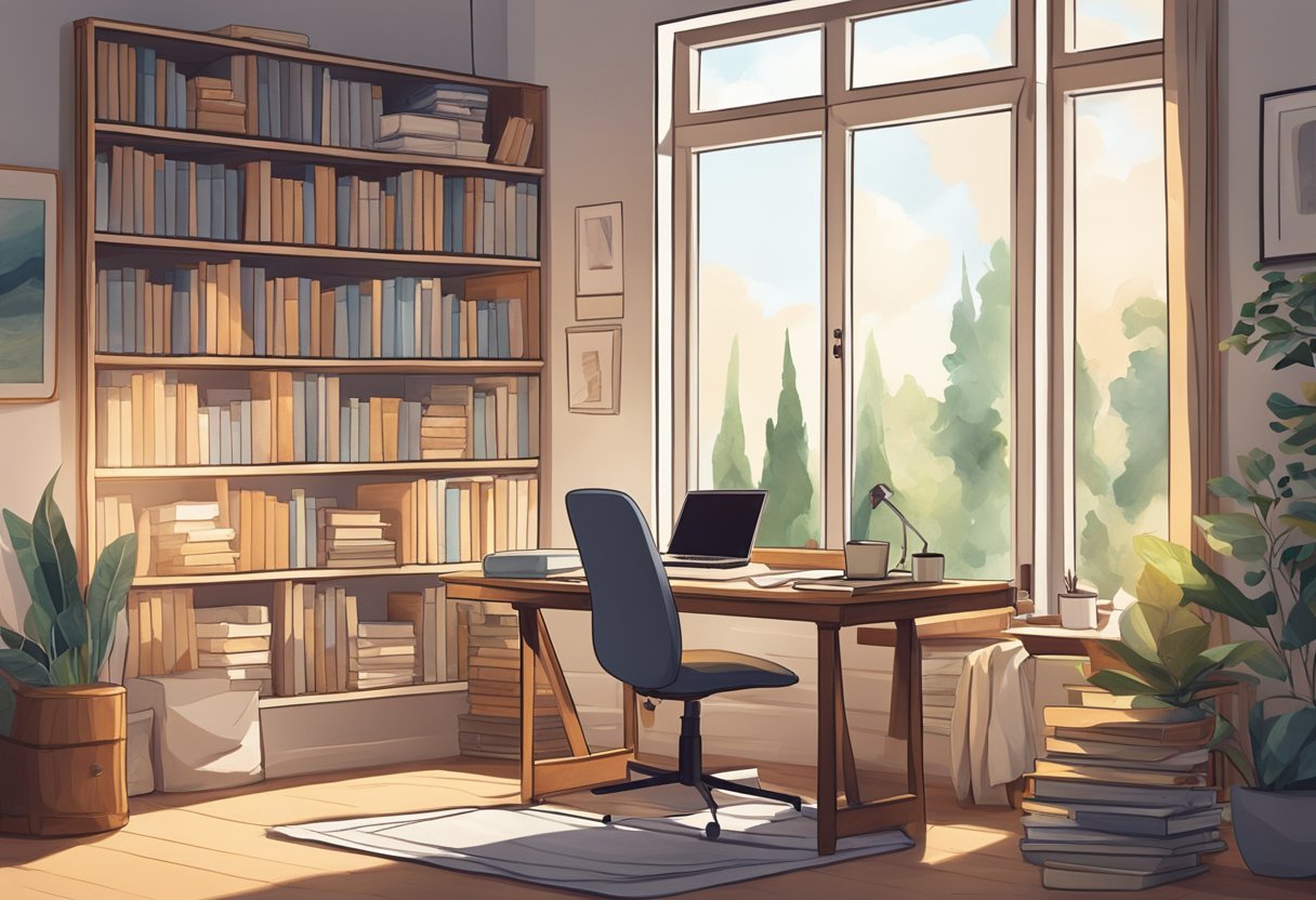 A cozy bedroom with a laptop on a desk, surrounded by piles of books and papers. A window lets in natural light, and a comfortable chair sits nearby