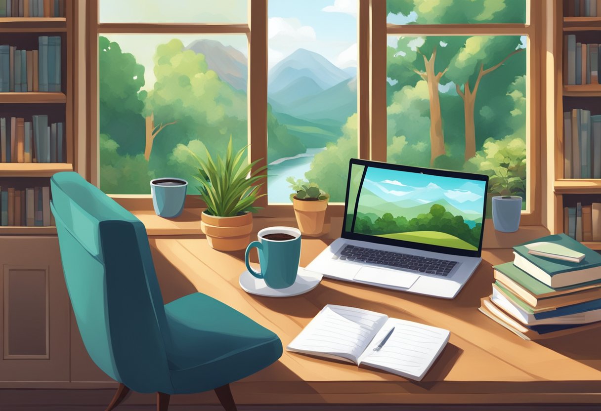 A cozy bedroom with a laptop, coffee mug, and a notepad, surrounded by books and a view of nature outside the window