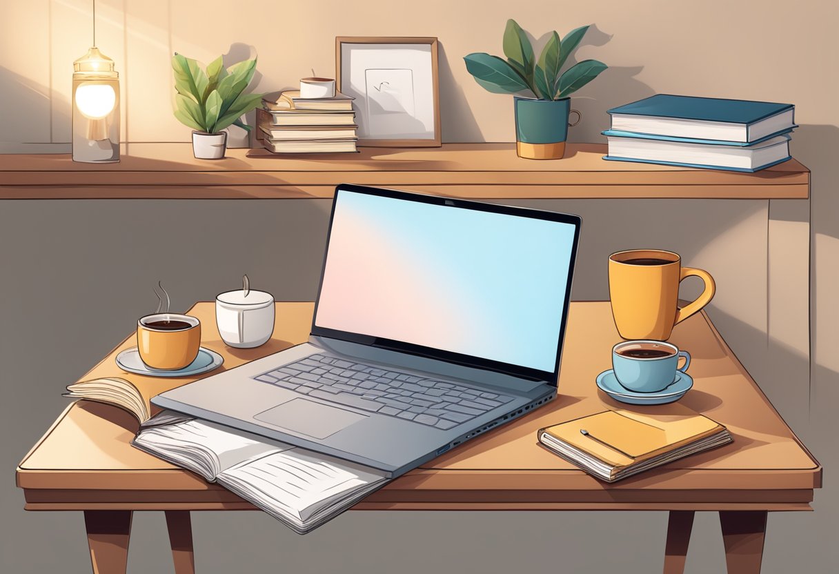 A laptop, a cozy bed, and a stack of books, surrounded by a warm and inviting atmosphere, with a cup of coffee or tea nearby