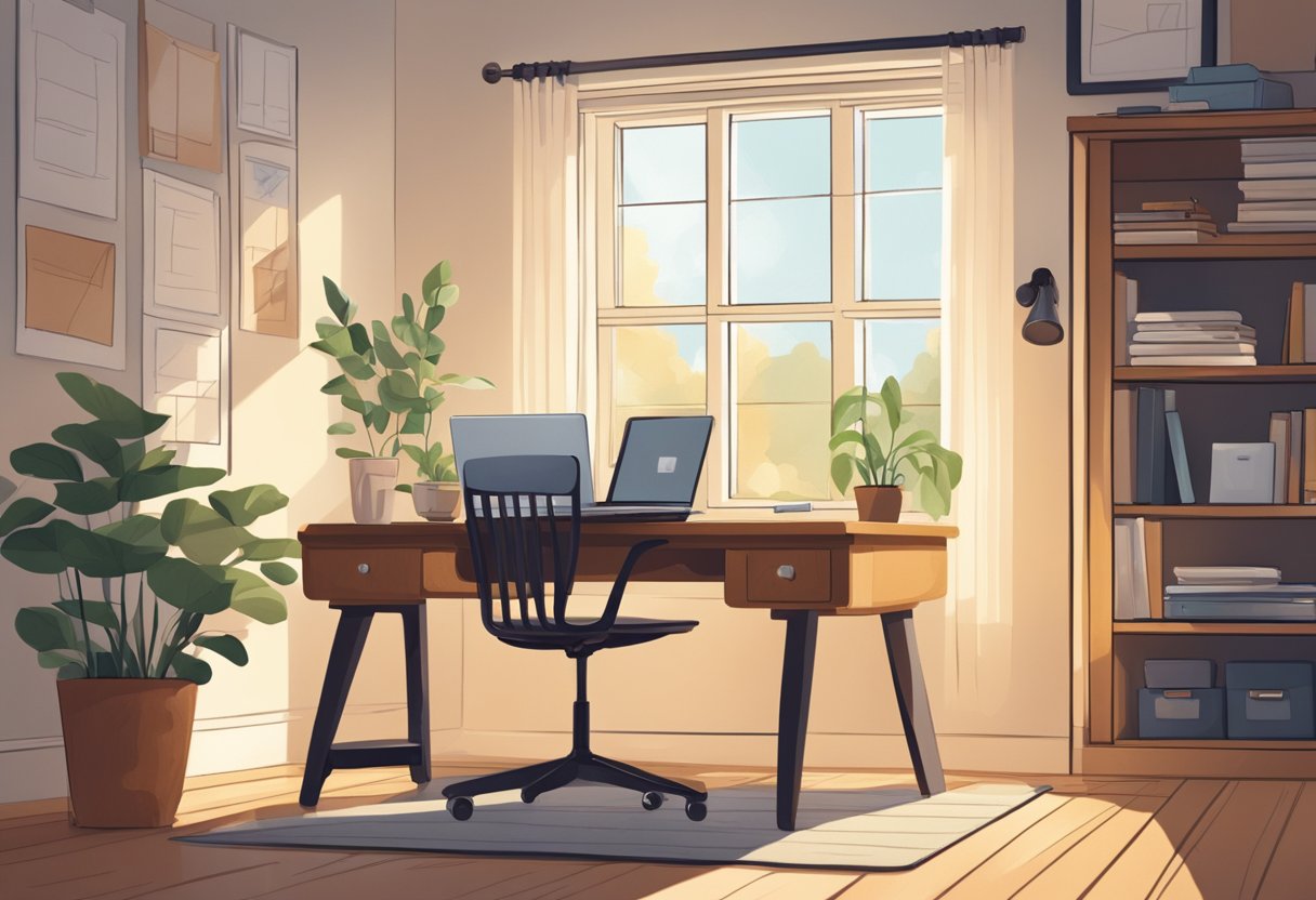 A laptop, desk, and chair in a cozy bedroom with natural light streaming in through the window. A calendar and notepad sit on the desk, hinting at organized productivity