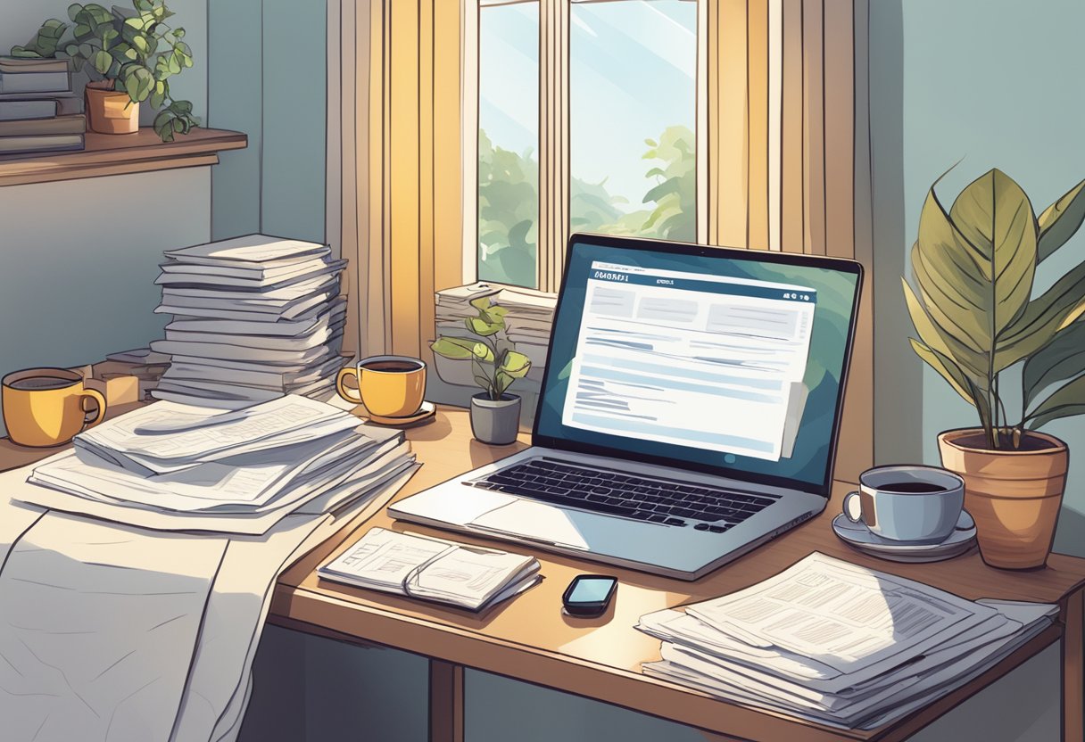 A cozy bedroom with a desk, laptop, and coffee mug. Sunlight streams in through the window, highlighting a stack of papers labeled "Remote Work Portfolio" and a list of "High Paying Remote & Contract Jobs."