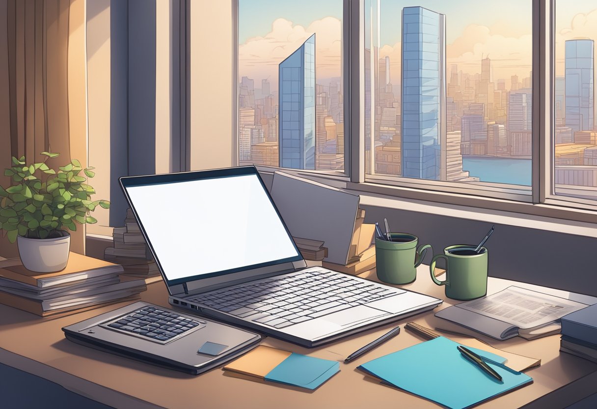 A laptop on a cozy bed with a view of a city skyline, surrounded by stacks of paperwork and a calculator. A contract and pen lay nearby