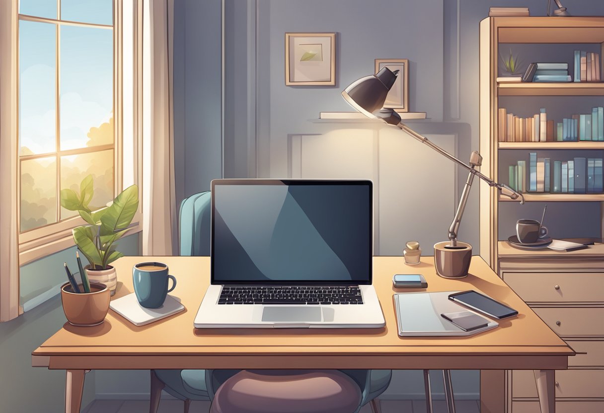 A laptop, smartphone, and tablet on a desk, with a comfortable chair and a cozy bedroom setting