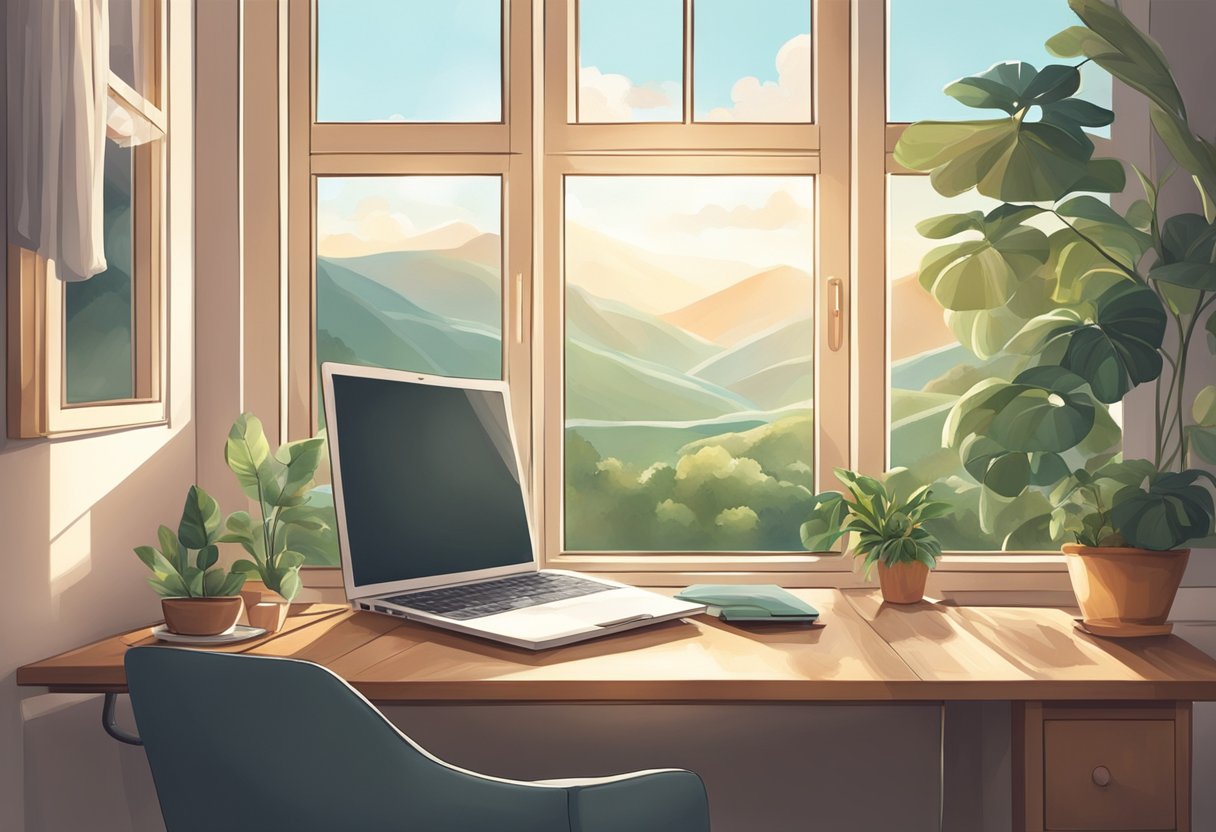 A cozy bedroom with a laptop, desk, and comfortable chair. A serene landscape outside the window. A sense of productivity and freedom in the air