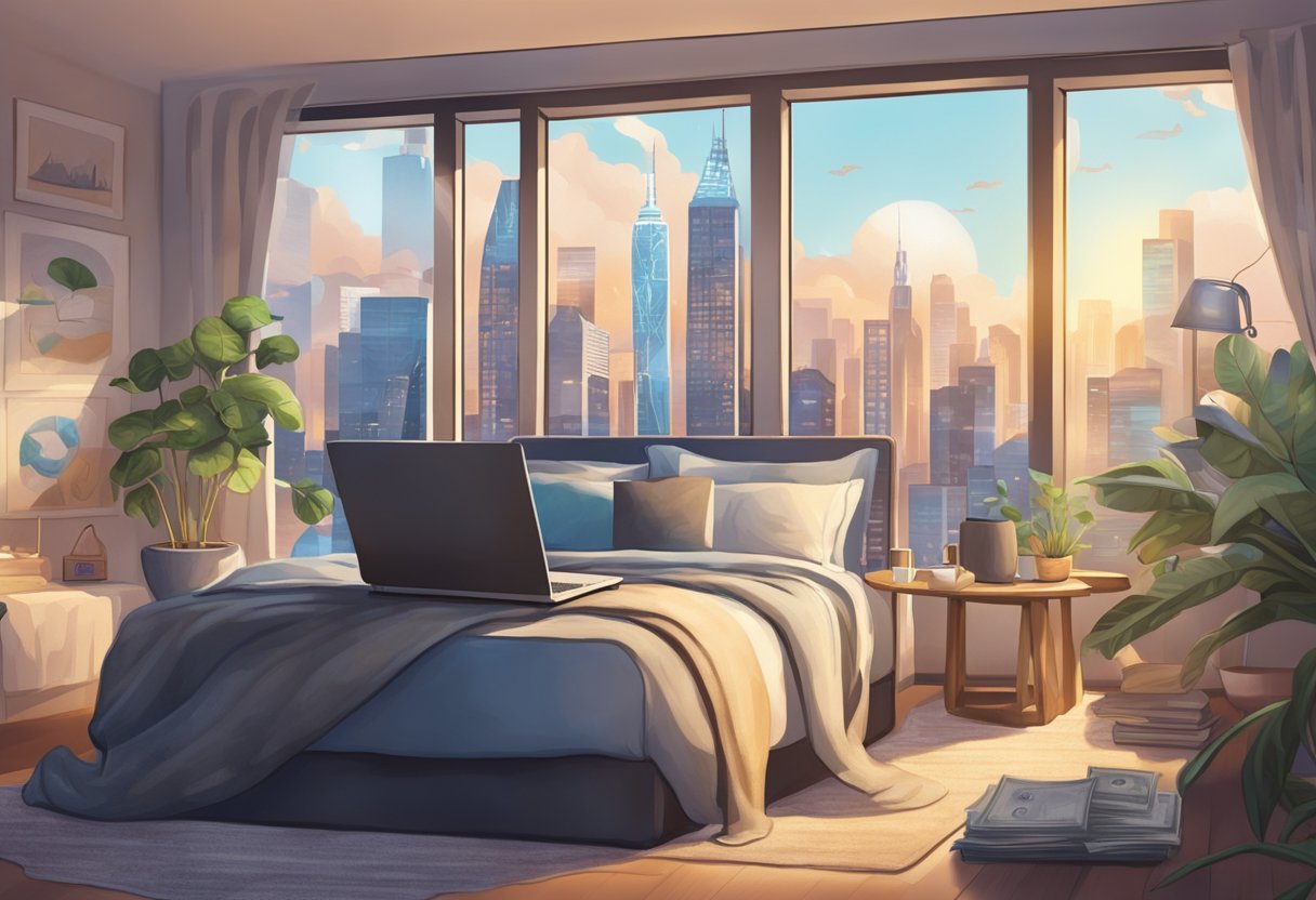 A laptop surrounded by networking symbols, money signs, and a cozy bedroom setting with a view of a city skyline through the window